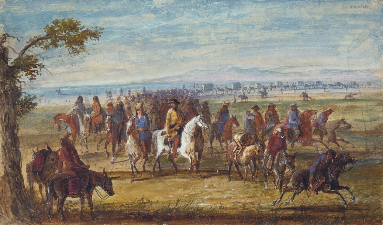 Karavana: Sir William Stewart Mounted on White Horse, kolem roku 1837 (olej na papíře) od Alfred Jacob Miller
