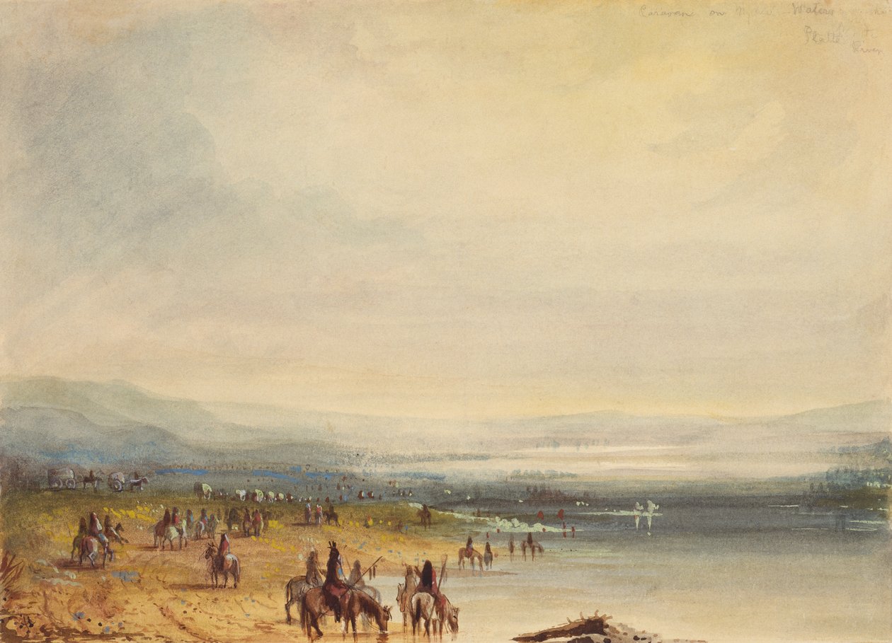 Karavana na řece Platte, kolem roku 1837 (akvarel na papíře) od Alfred Jacob Miller