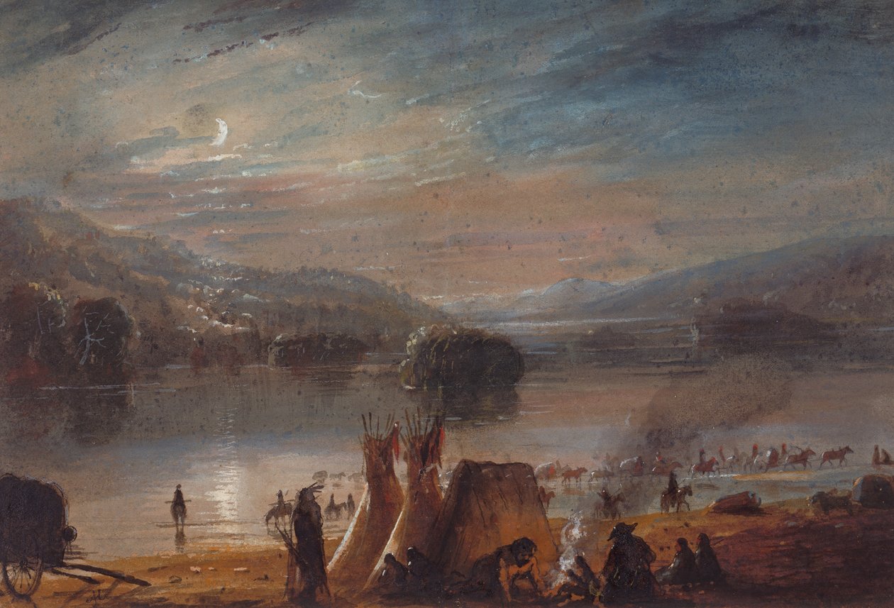 Crossing the River by Moonlight, Making Camp, cca 1858-60 (akvarel na papíře) od Alfred Jacob Miller