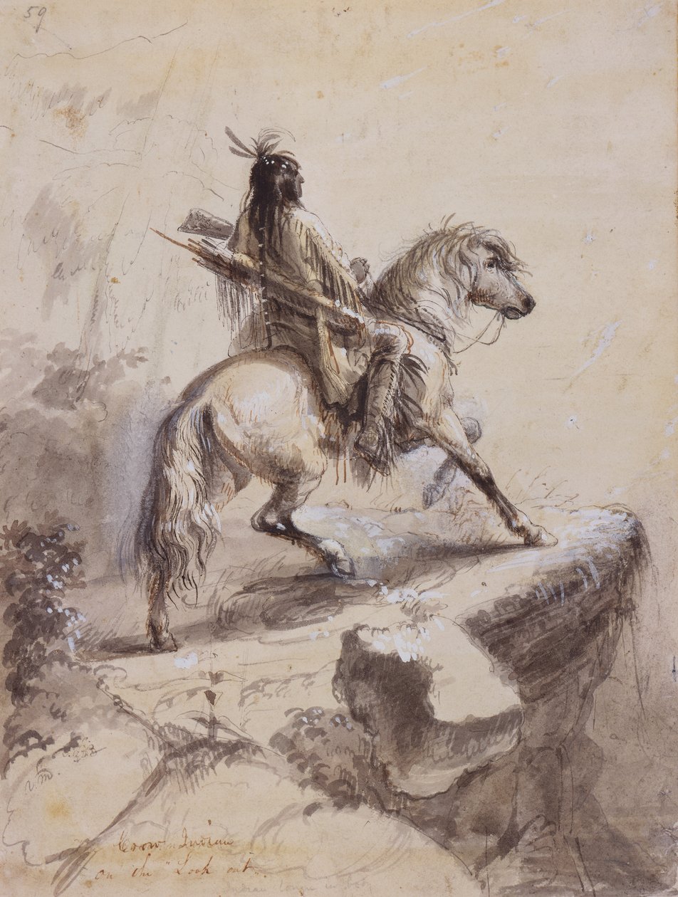 Crow Indian on Lookout, c.1837 (pero a inkoust, mytí a kvaš na papíře) od Alfred Jacob Miller