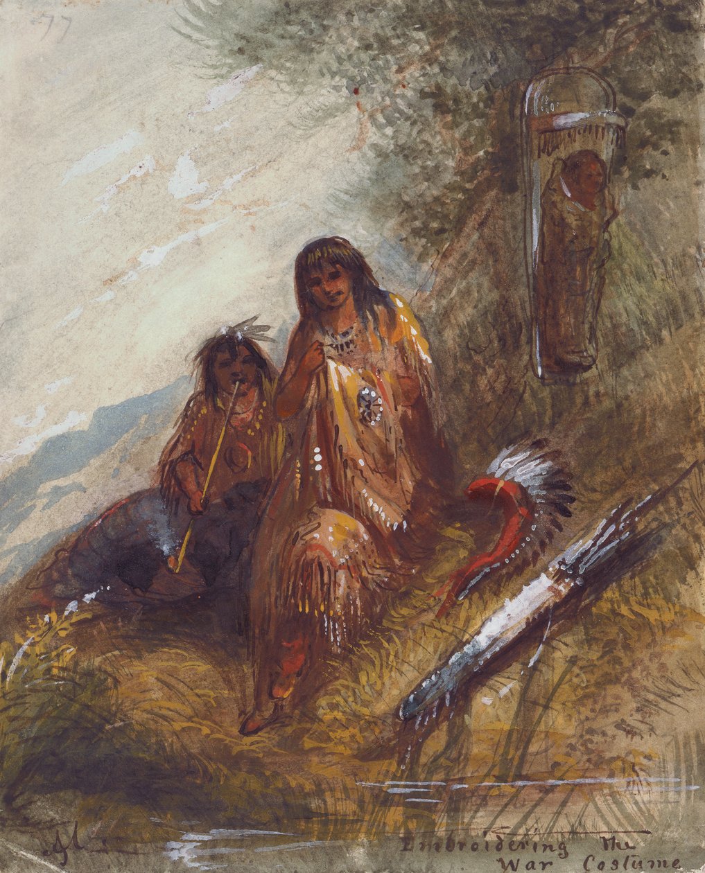 Embroidering the War Costume, c.1837 (akvarel a kvaš na papíře) od Alfred Jacob Miller