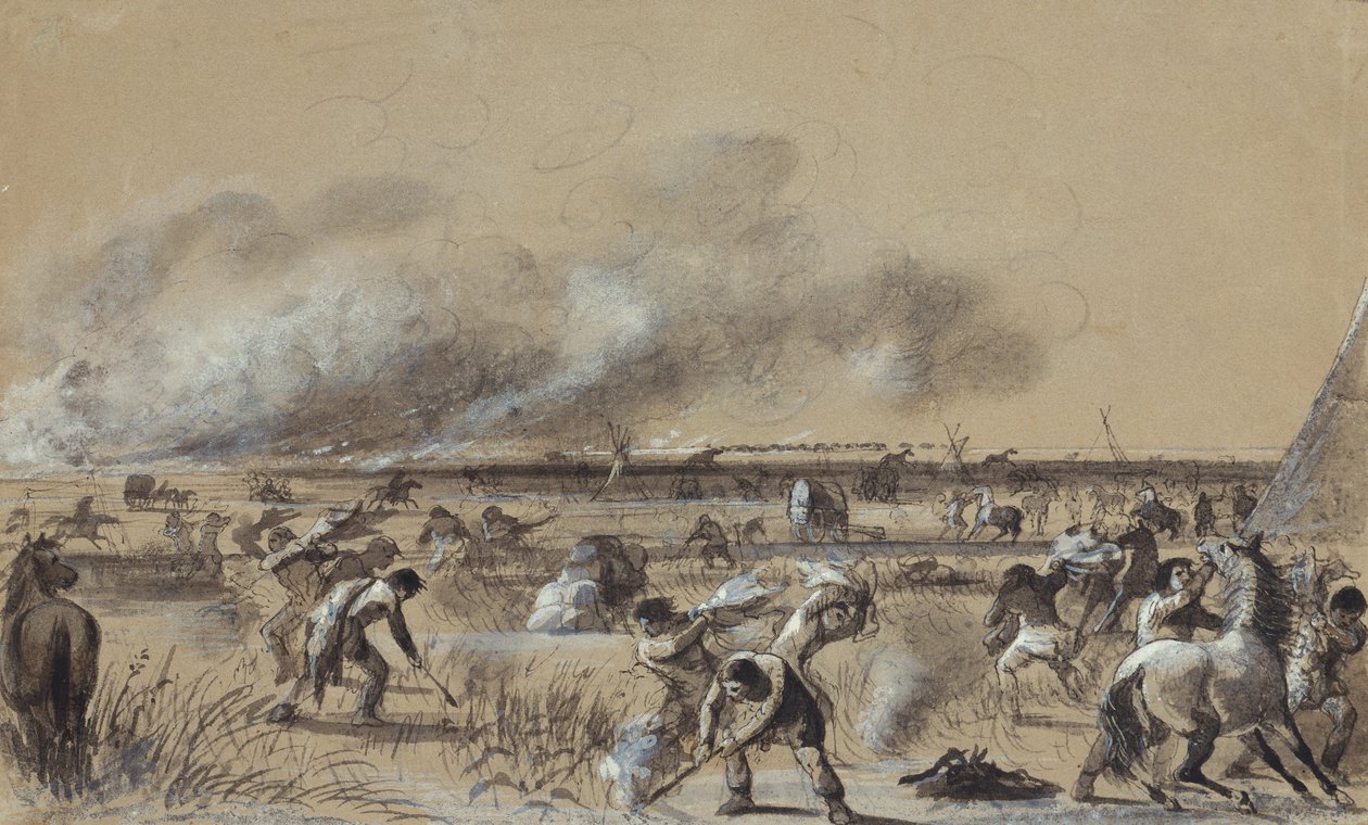 Oheň na prérii, zapalování tábora, kolem roku 1837 (mytí se světly na papíře) od Alfred Jacob Miller