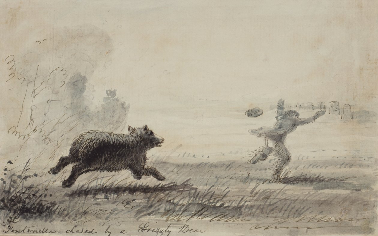 Fontenelle Chased by a Grizzly Bear, cca 1837 (pero, inkoust a mytí na papíře) od Alfred Jacob Miller