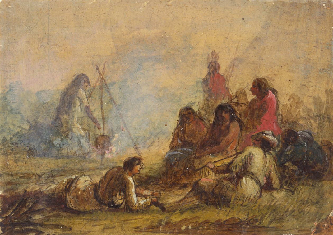 Skupina lovců a indiánů, c.1837 (akvarel a kvaš na papíře) od Alfred Jacob Miller