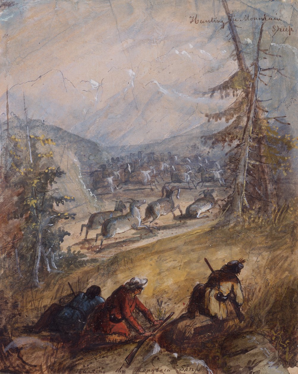 Hunting the Mountain Sheep, cca 1837 (tužka, pero a inkoust, akvarel a kvaš na papíře) od Alfred Jacob Miller
