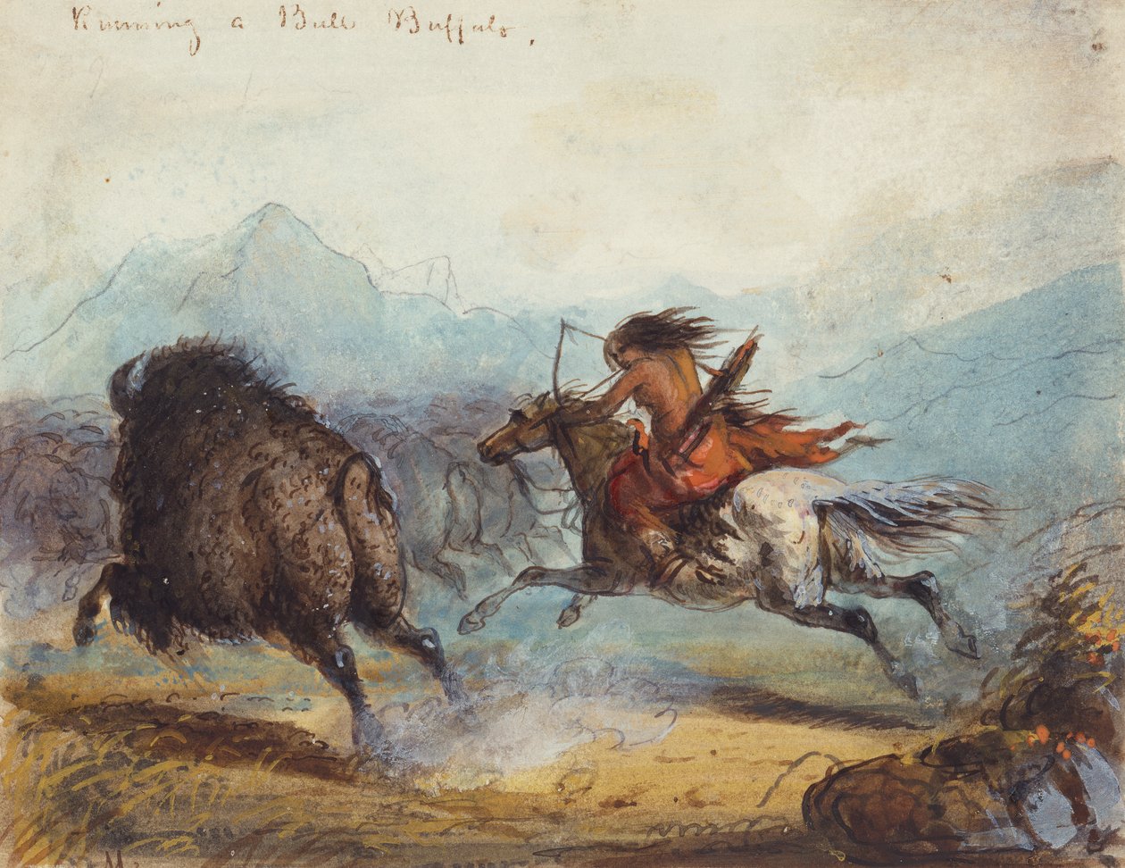 Indka běžící buvola, kolem 1858-60 (akvarel na papíře) od Alfred Jacob Miller