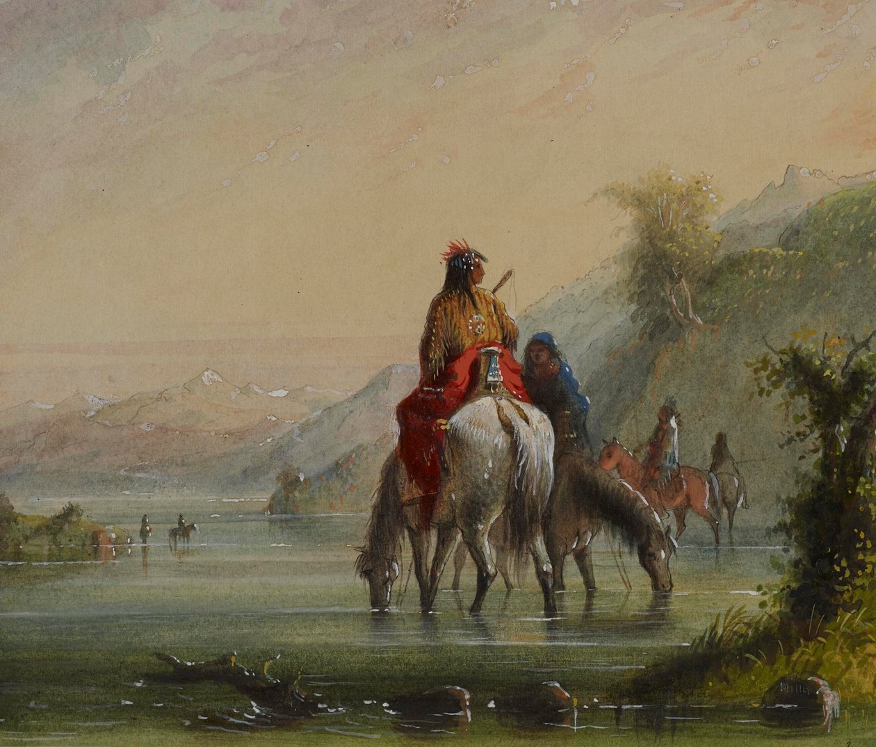 Indiánské dívky napájející koně (řeka Eau Sucre) od Alfred Jacob Miller