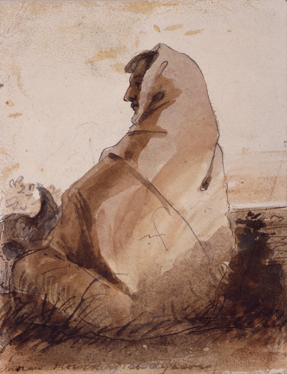 Indiánský smutek nad hrobem, označený buvolí lebkou, kolem roku 1837 (tužka, pero a inkoust a pero na papíře) od Alfred Jacob Miller