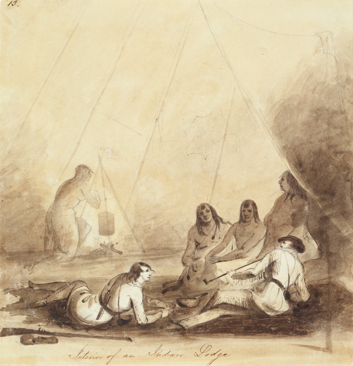 Interiér indické lóže, cca 1837 (tužka, pero a inkoust a mytí na papíře) od Alfred Jacob Miller