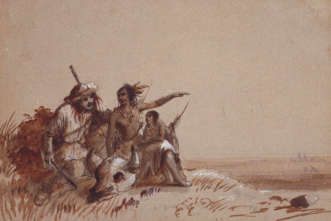 Kansas Indian Recounting to a Trapper, Signs, The Migration of Buffalo, c.1837 (tužka a hnědé a černé lavíry na papíře) od Alfred Jacob Miller