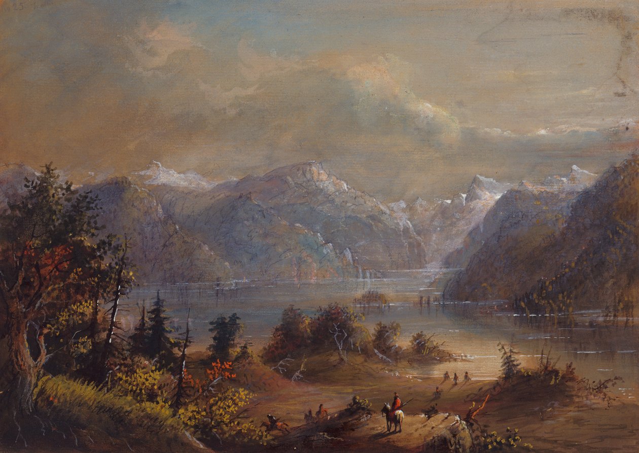 Lake Scene, Wind River Mountains, cca 1837 (tužka, akvarel a kvaš na papíře) od Alfred Jacob Miller