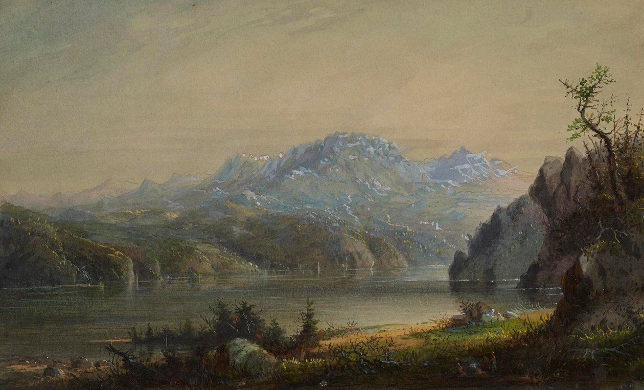 Scéna s jezerem a horami od Alfred Jacob Miller