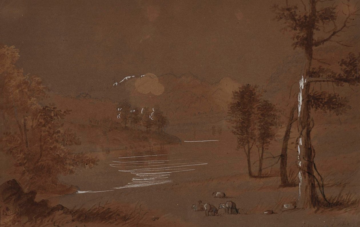 Pohled na jezero a hory od Alfred Jacob Miller