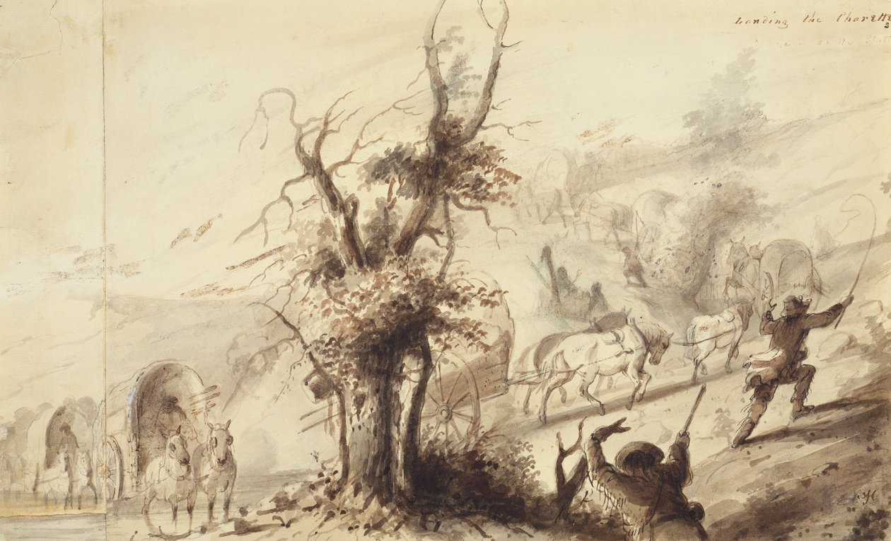 Landing the Charettes, kolem roku 1837 (hnědá barva na papíře) od Alfred Jacob Miller