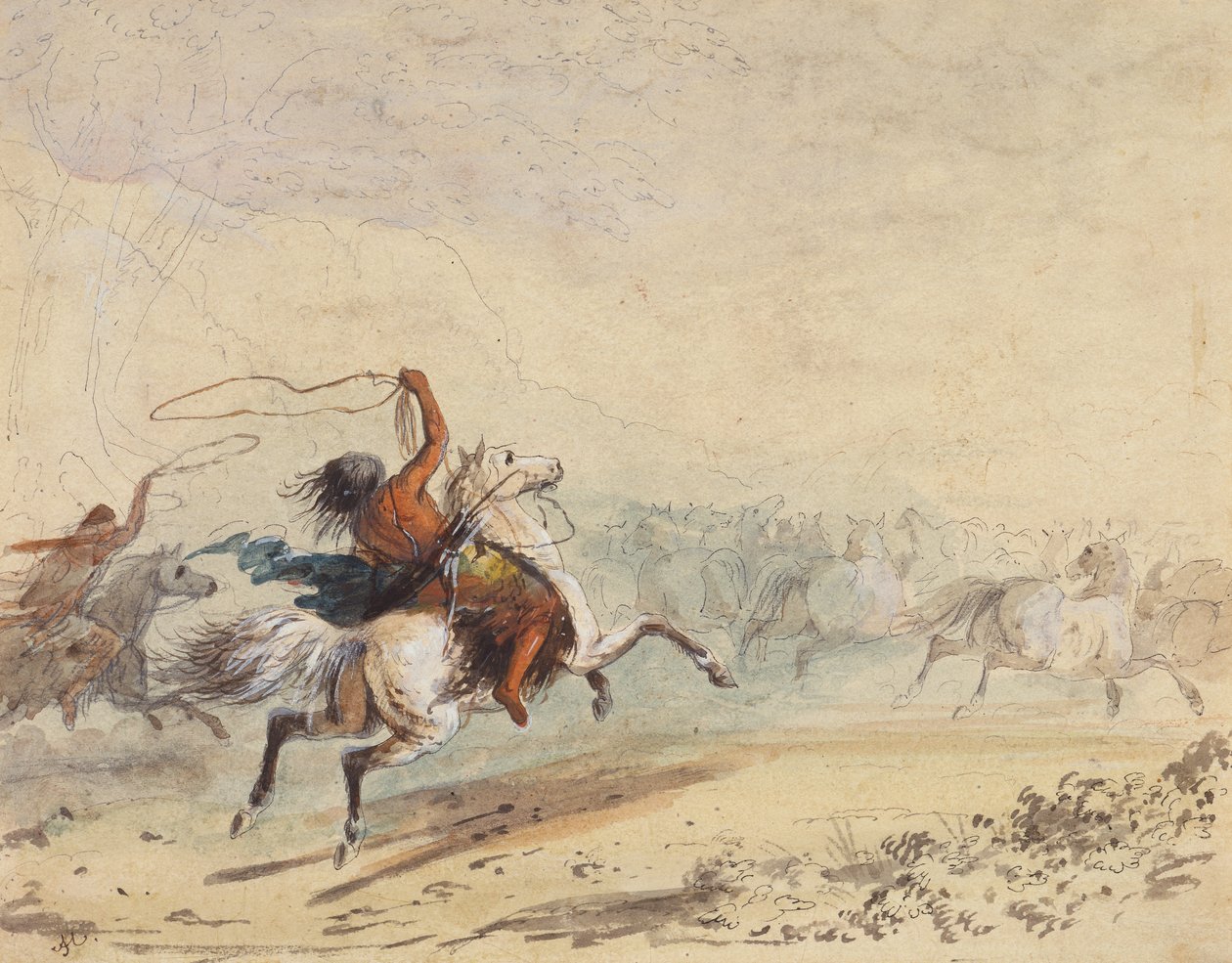 Lassoing Wild Horses, cca 1837 (tužka, pero, inkoust, akvarel a kvaš na papíře) od Alfred Jacob Miller