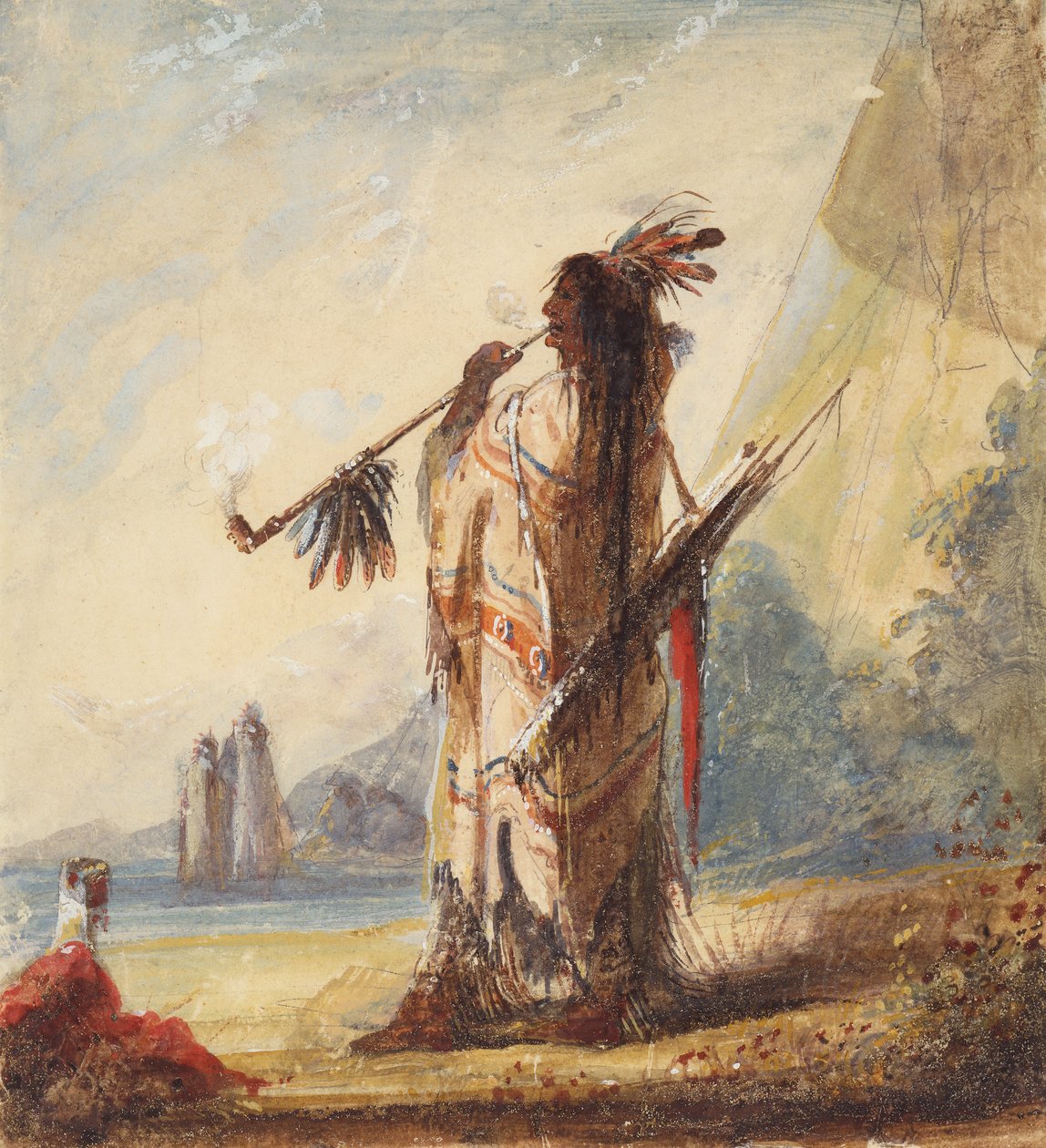 Leisure With Dignity Smoking the Calumet, c.1837 (tužka, akvarel a kvaš na papíře) od Alfred Jacob Miller