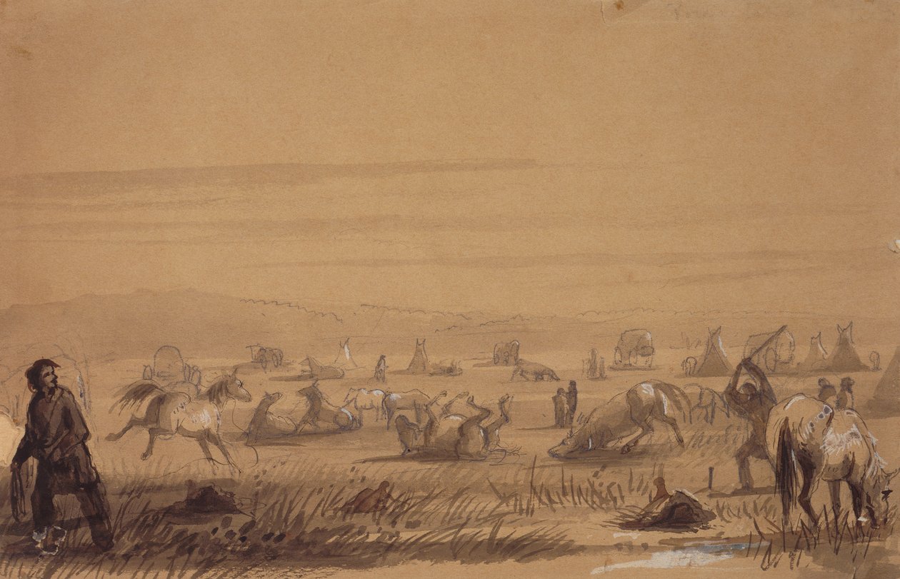 Reaching Camp, Removing the Saddles, c.1837 (tužka, pero a inkoust, mytí a kvaš na papíře) od Alfred Jacob Miller