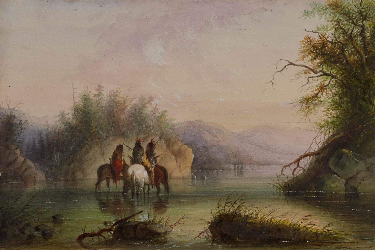Scéna u řeky – napájení koní od Alfred Jacob Miller