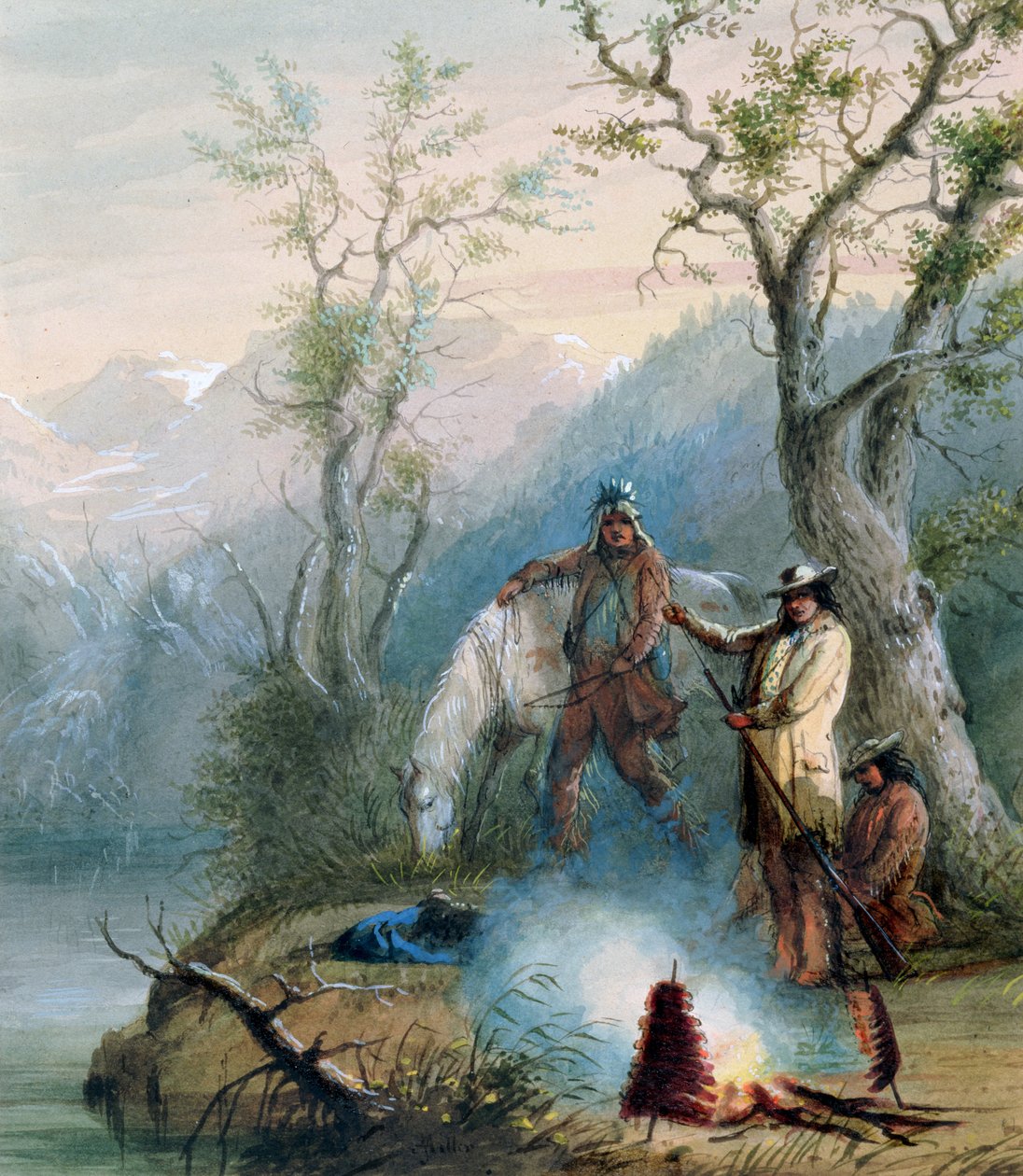 Pečení žebírek, 1837 (wc zvýrazněno bílou barvou na papíře) od Alfred Jacob Miller