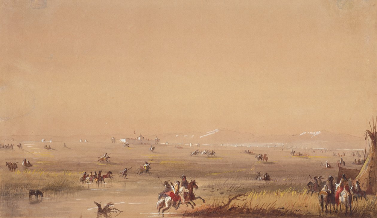 Scéna poblíž Fort Laramie, kolem roku 1837 (tužka, akvarel a kvaš na papíře) od Alfred Jacob Miller