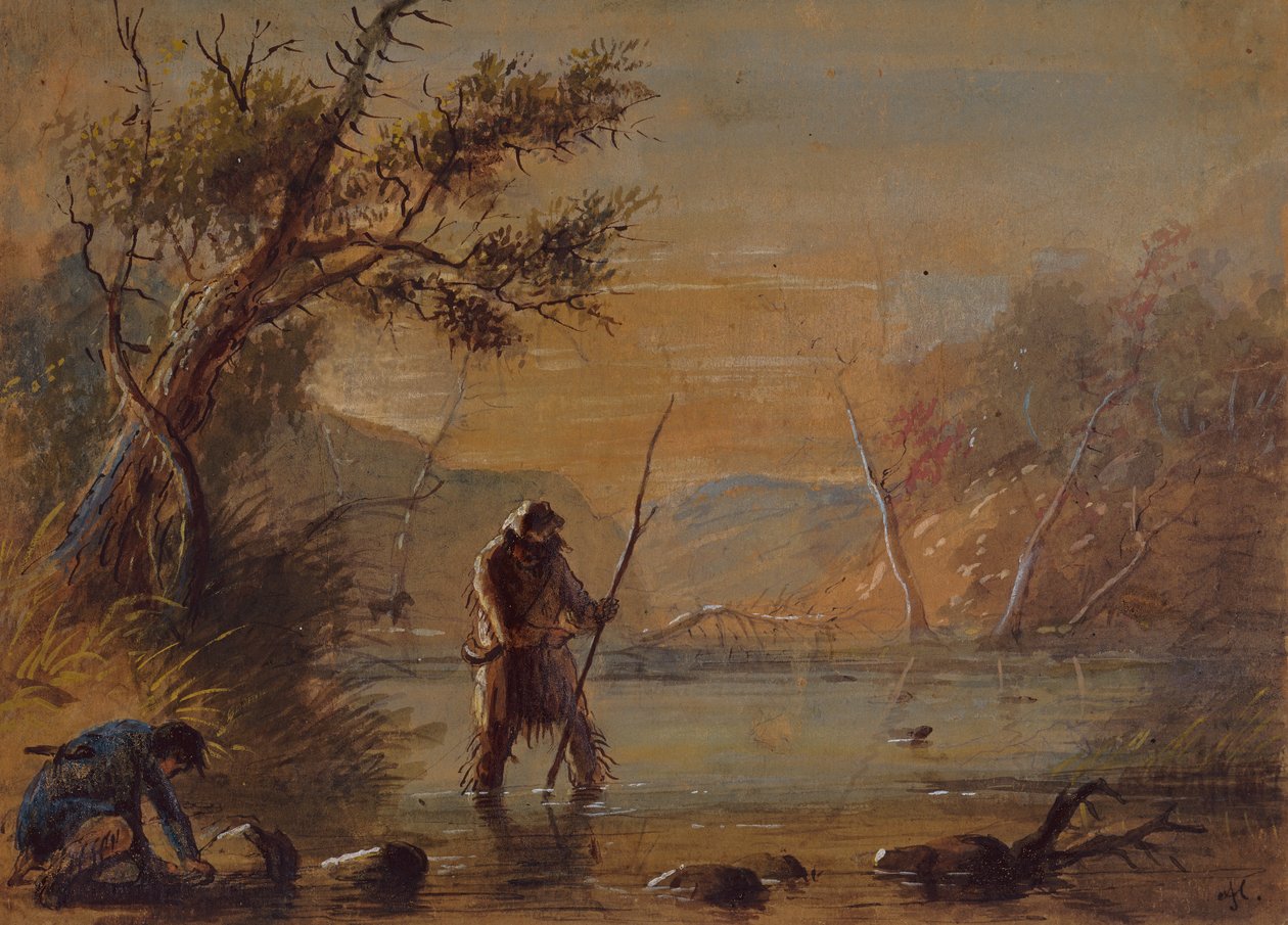 Nastavení pastí na bobra, cca 1837 (tužka, akvarel a kvaš na papíře) od Alfred Jacob Miller