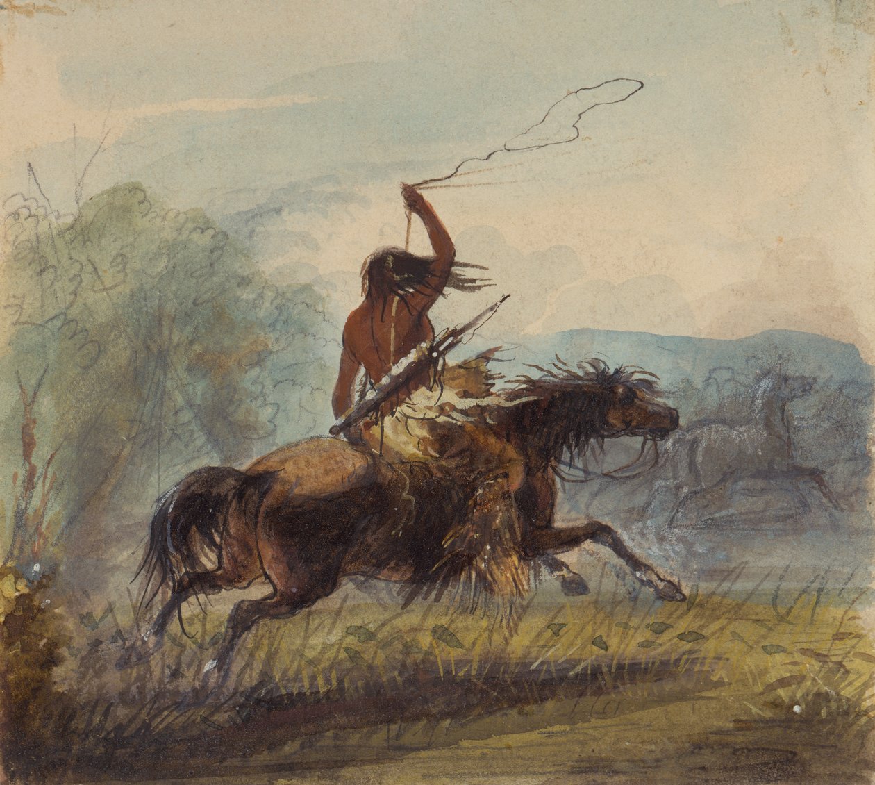 Shoshone Female Throwing the Lasso, cca 1837 (tužka, akvarel a kvaš na papíře) od Alfred Jacob Miller