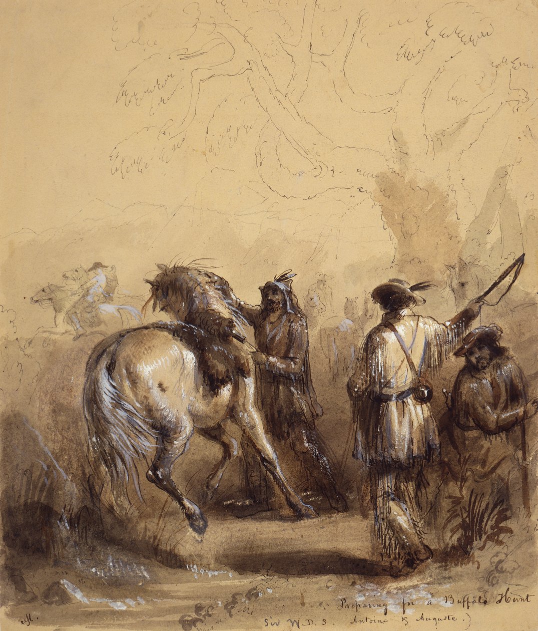 Sir W.D.S., Antoine a Auguste aneb Příprava na lov bizonů, kolem roku 1837 (pero a inkoust, praní a kvaš na papíře) od Alfred Jacob Miller
