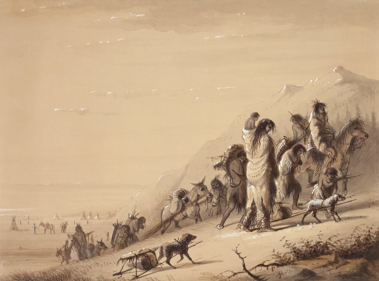 Snake Indians Migrating, c.1837 (pero a inkoust, mytí a kvaš na papíře) od Alfred Jacob Miller