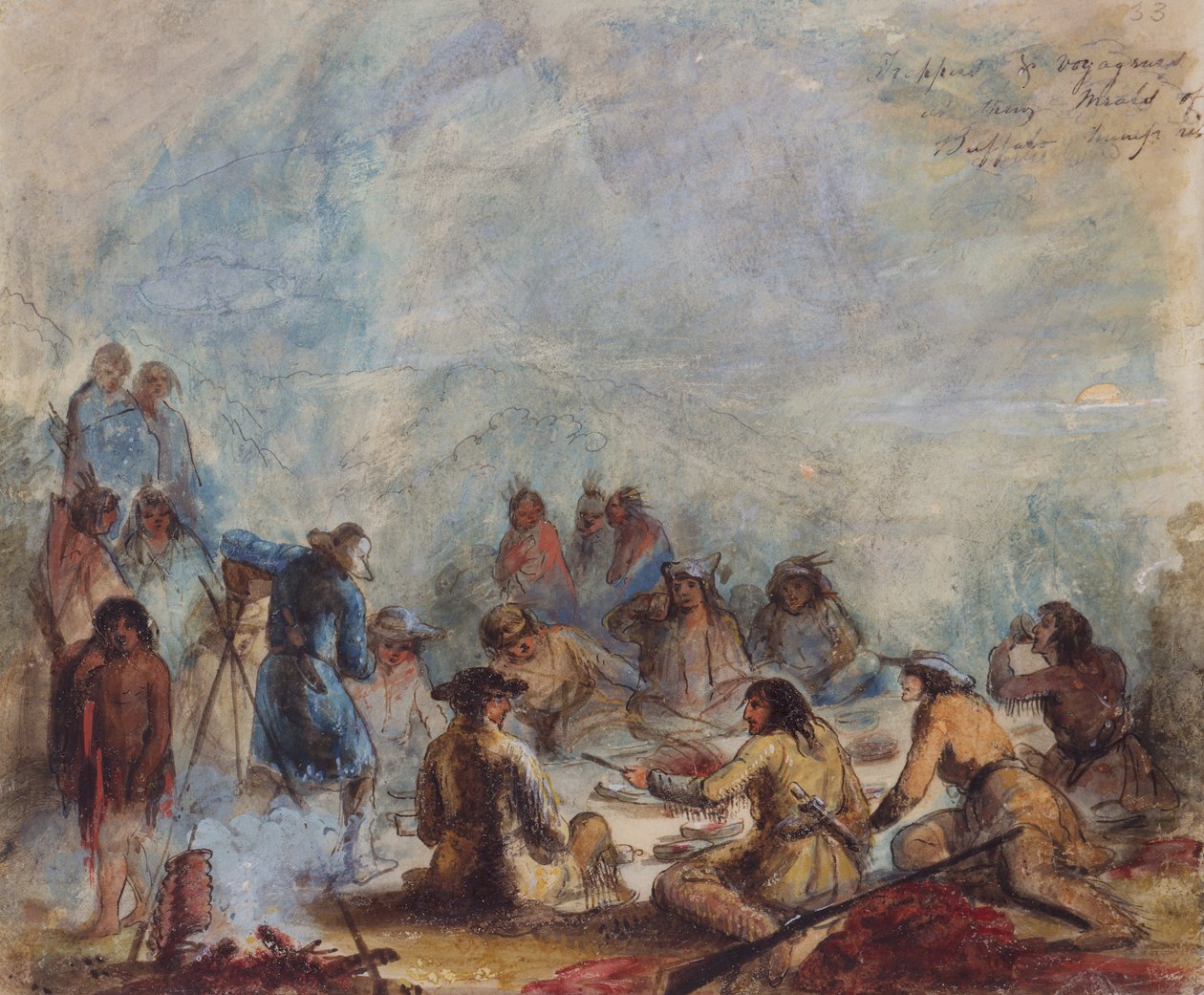 Sunrise, Trappers and Travelers at their Meals of Buffalo Hump Rib, c.1837 (akvarel na papíře) od Alfred Jacob Miller
