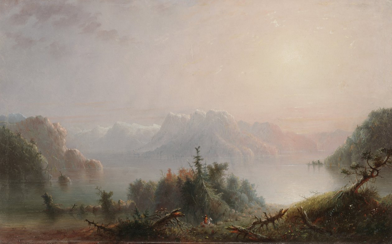 Jezero, její osamělé ňadro se rozpíná k obloze, kolem roku 1850 (olej na panelu) od Alfred Jacob Miller