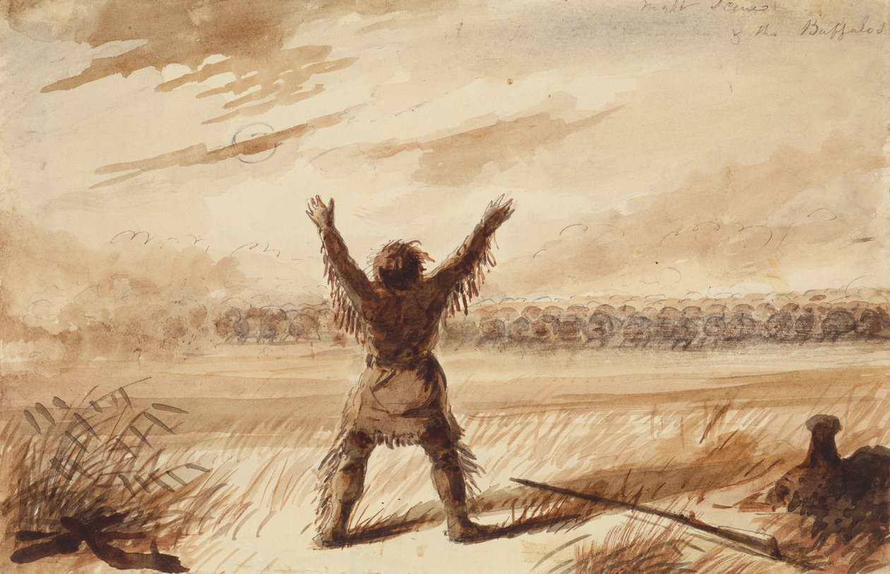 Trapper Disturbed in Rest by a Herd of Buffalo, c.1837 (tužka, pero a inkoust a mytí na papíře) od Alfred Jacob Miller