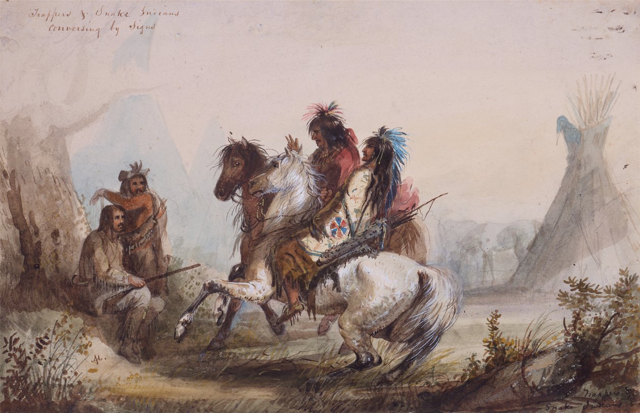 Trappers and Snake Indian Conversing by Signs, cca 1837 (tužka, akvarel a kvaš na papíře) od Alfred Jacob Miller