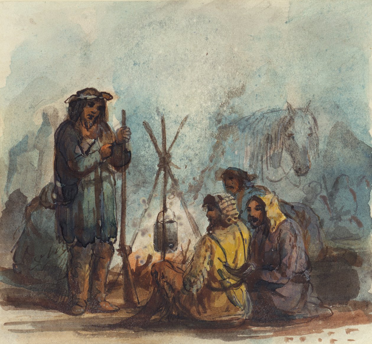 Trappers, c.1837 (pero a inkoust, akvarel a kvaš na papíře) od Alfred Jacob Miller
