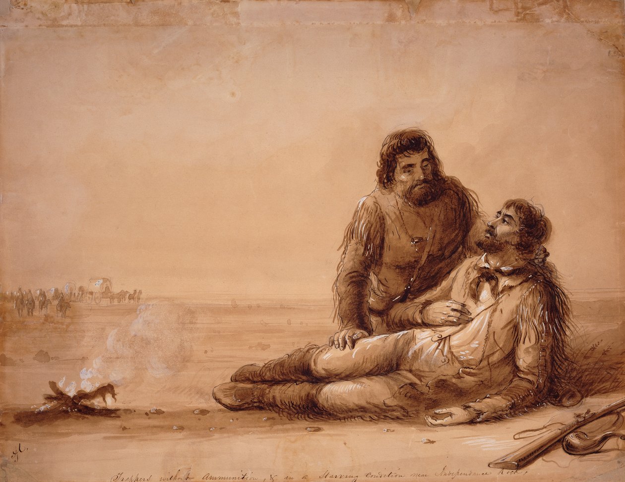 Trappery bez munice a ve vyhladovělém stavu poblíž Independence Rock, kolem roku 1850 (sépie na papíře) od Alfred Jacob Miller