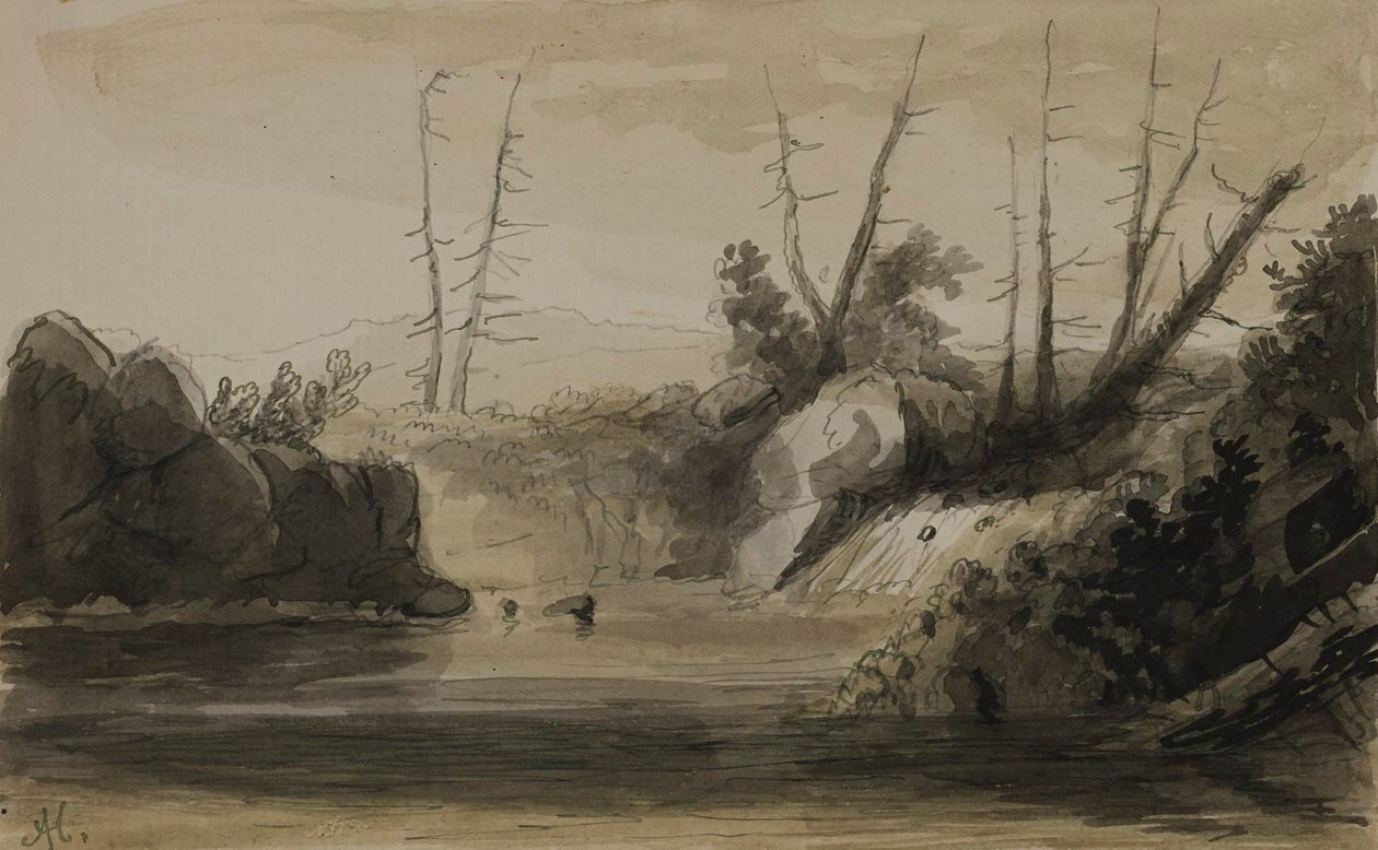 Pohled na vodopád a malé jezero od Alfred Jacob Miller