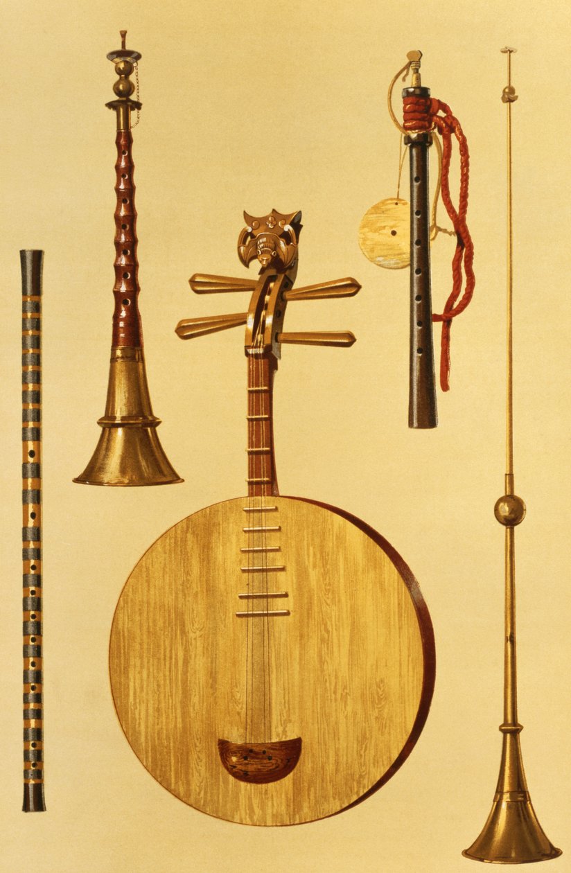 Dizi, sona, yueqin, čínská, japonská hichiriki a čínská laba, z knihy "Hudební nástroje" (kolorovaná litografie). od Alfred James Hipkins