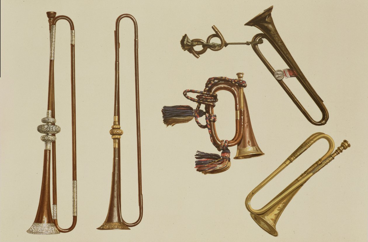 Jezdecká trubka, polnice, zlacená trubka od Johna Harrise kolem roku 1730, trubka a stříbrná trubka od Williama Balla kolem roku 1680, z 