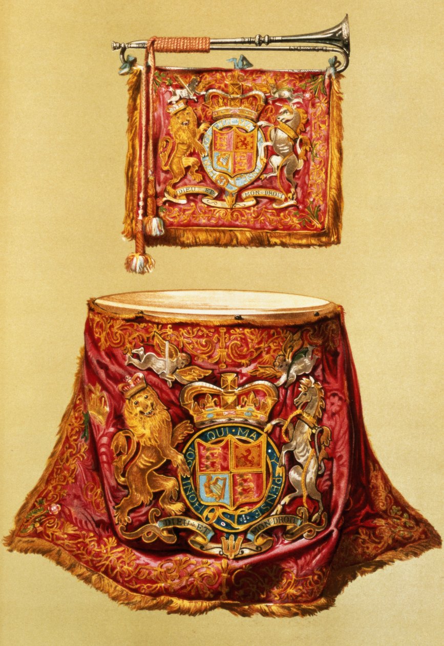 Státní trubka, pravděpodobně George III, a kotlík, s ozdobami státu, z ‚hudebních nástrojů‘ (barevné litho) od Alfred James Hipkins