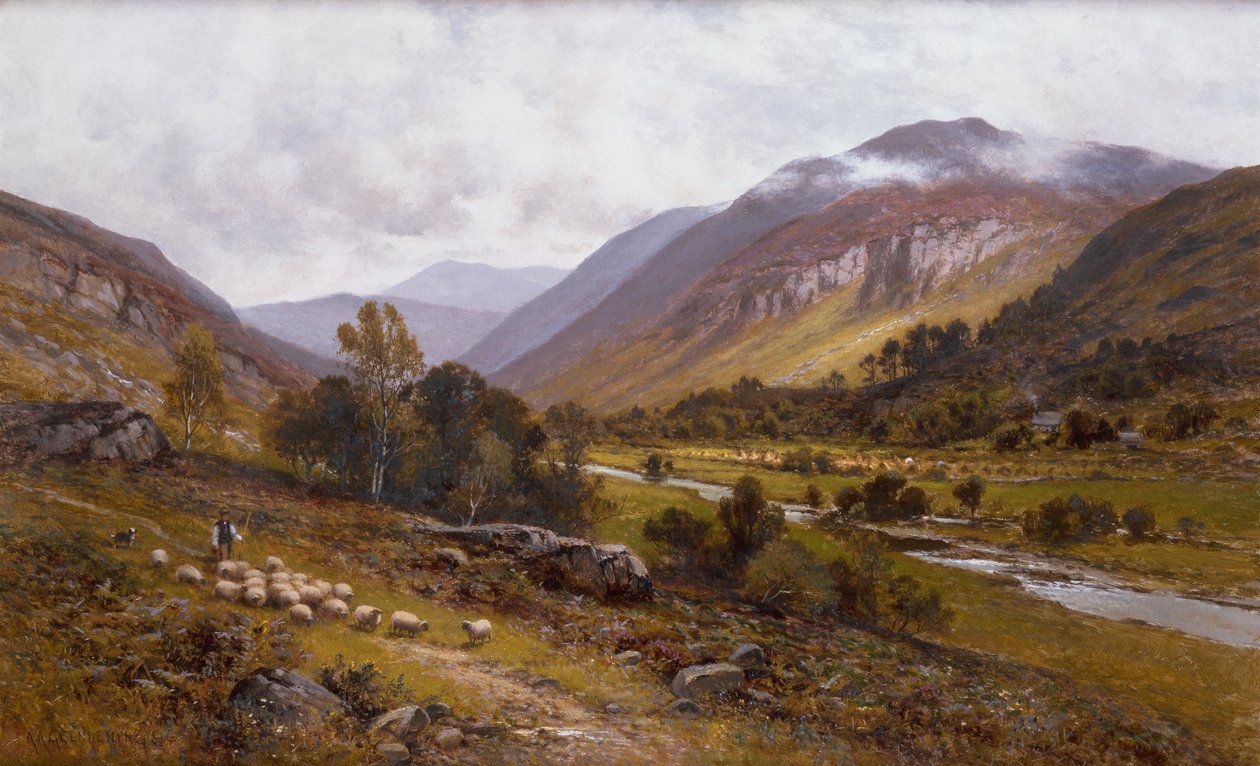 Údolí řeky s hornatou krajinou za hranicemi (olej na plátně) od Alfred Jr. Glendening