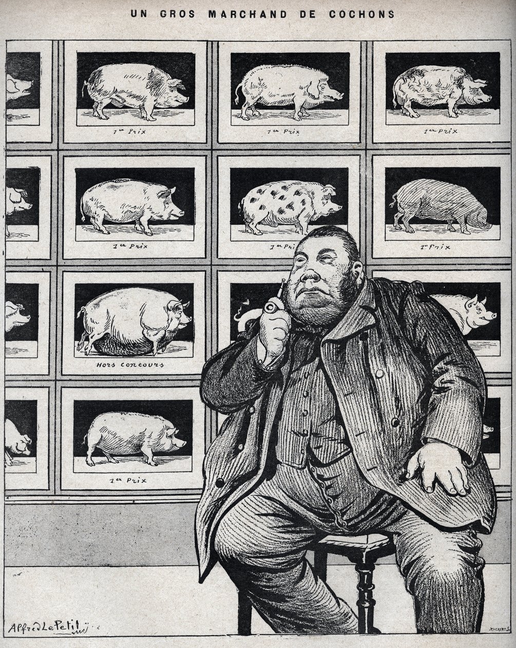 Velký obchodník s prasaty - Kreslený film v „Le Cochon, suvenýry z Normandie“ 1898 od Alfred Le Petit
