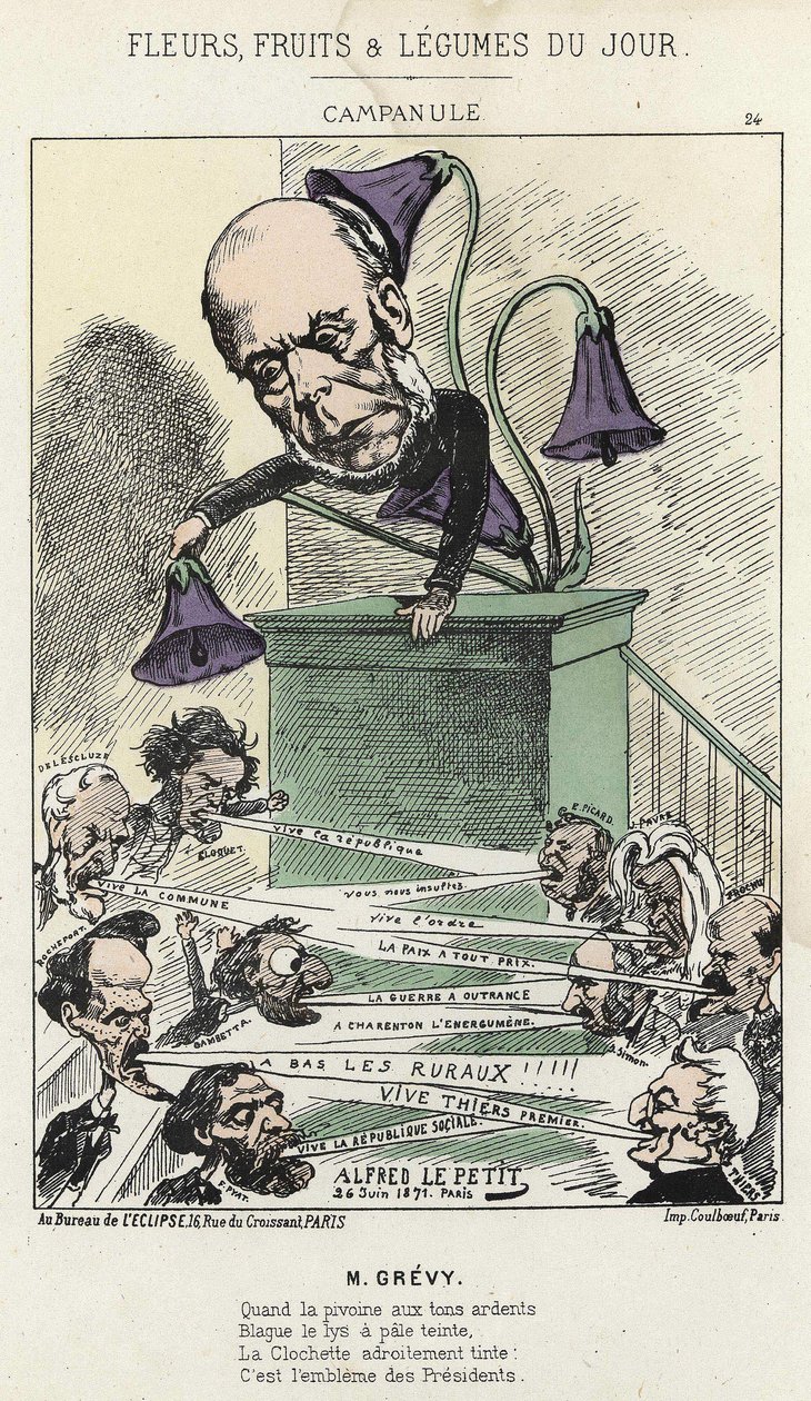 Zvonek: karikatura na Grévyho - ill. od 26/06/1871 od Alfreda Le Petita v „Květiny, ovoce a zelenina dne“ od Alfred Le Petit