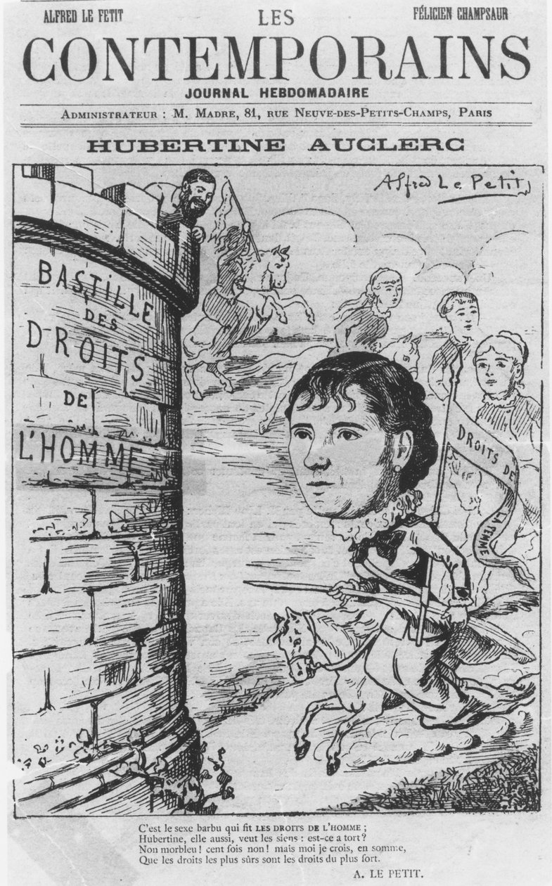 Karikatura Hubertine Auclerc 1848-1914 z časopisu Les Contemporains, 1890 barevné lito od Alfred Le Petit