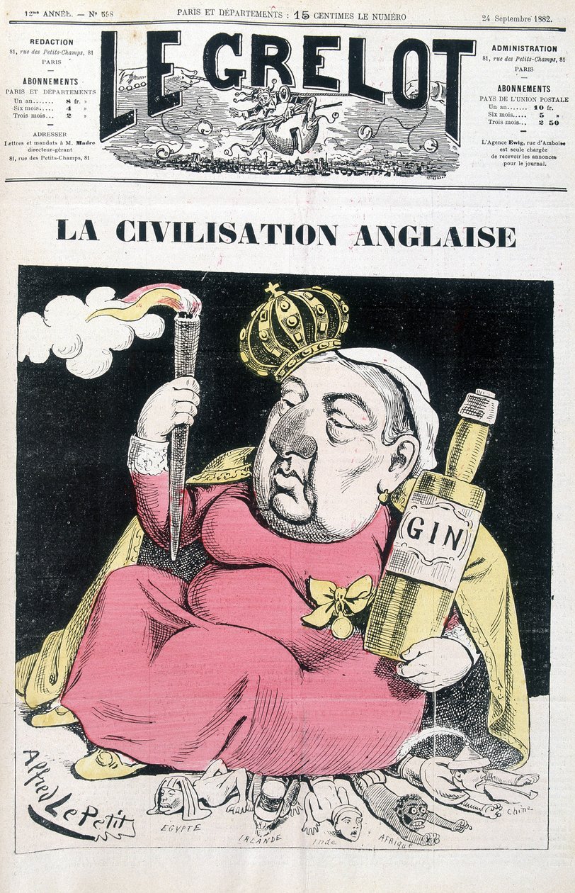 Anglická civilizace: Victoria, láhev ginu v ruce, sedící na Egyptě, Irsku, Indii, Africe a Číně - od Alfreda Le Petittyho, v „“Le Grelot““ z 24.9.1882 od Alfred Le Petit