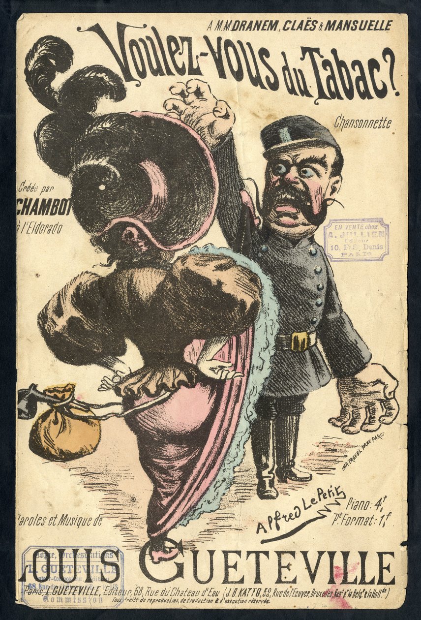 Ilustrace Alfreda Le Petité (1841-1909) v „“ Chanson illustratese “, kolem roku 1900 – Vouvous du tabac. Louis Gueteville - kouření, tabák od Alfred Le Petit