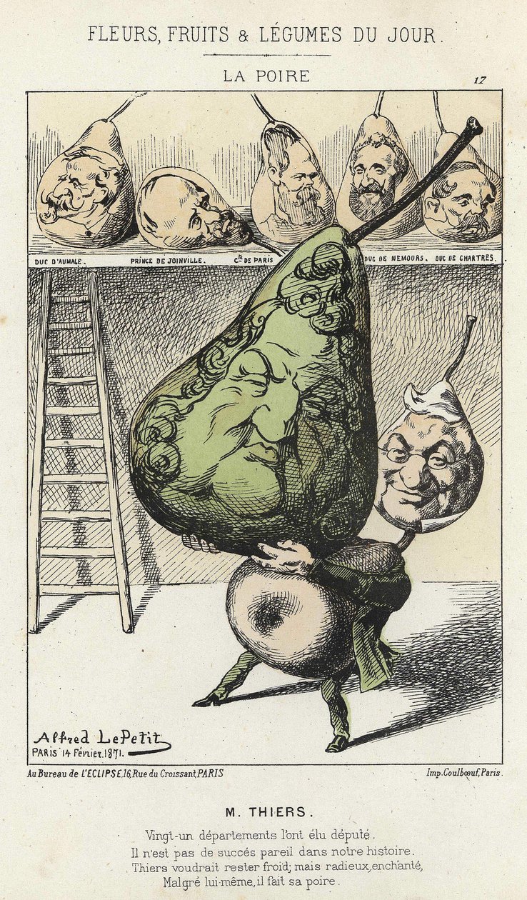 La Peire: Cartoon on Thiers - nemocný. ze dne 14. 2. 1871 od Alfreda Le Petittyho, v „Květiny, ovoce a zelenina dne““. od Alfred Le Petit