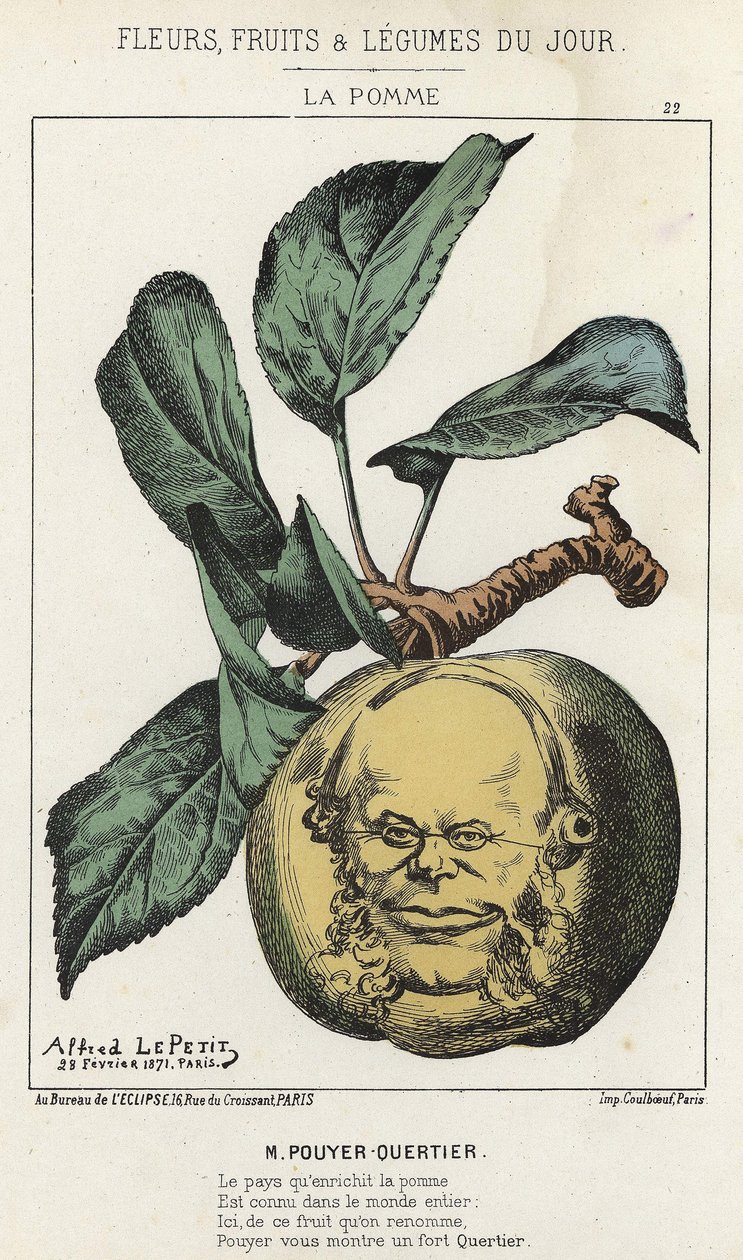 La Pomme: karikatura na Pouyer Quertier (Pouyer-Quertier) - nemoc. od 28. 2. 1871 v „Květiny, ovoce a zelenina dne“ od Alfred Le Petit