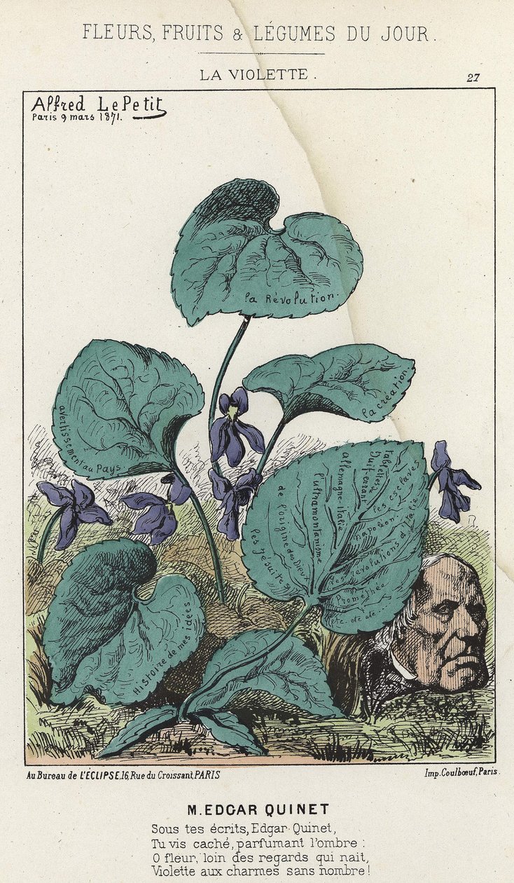 La Violette: Cartoon on Edgar Quinet - nemocný. od 09.03.1871 v „Květiny, ovoce a zelenina dne“ od Alfred Le Petit