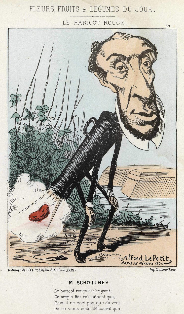Le Bean rouge: karikatura Victora Schoelchera představuje ve vlaku Petra fazole (prd) - nemocného. ze dne 16. 2. 1871 od Alfreda Le Petité v „Květiny, ovoce a zelenina dne““. od Alfred Le Petit