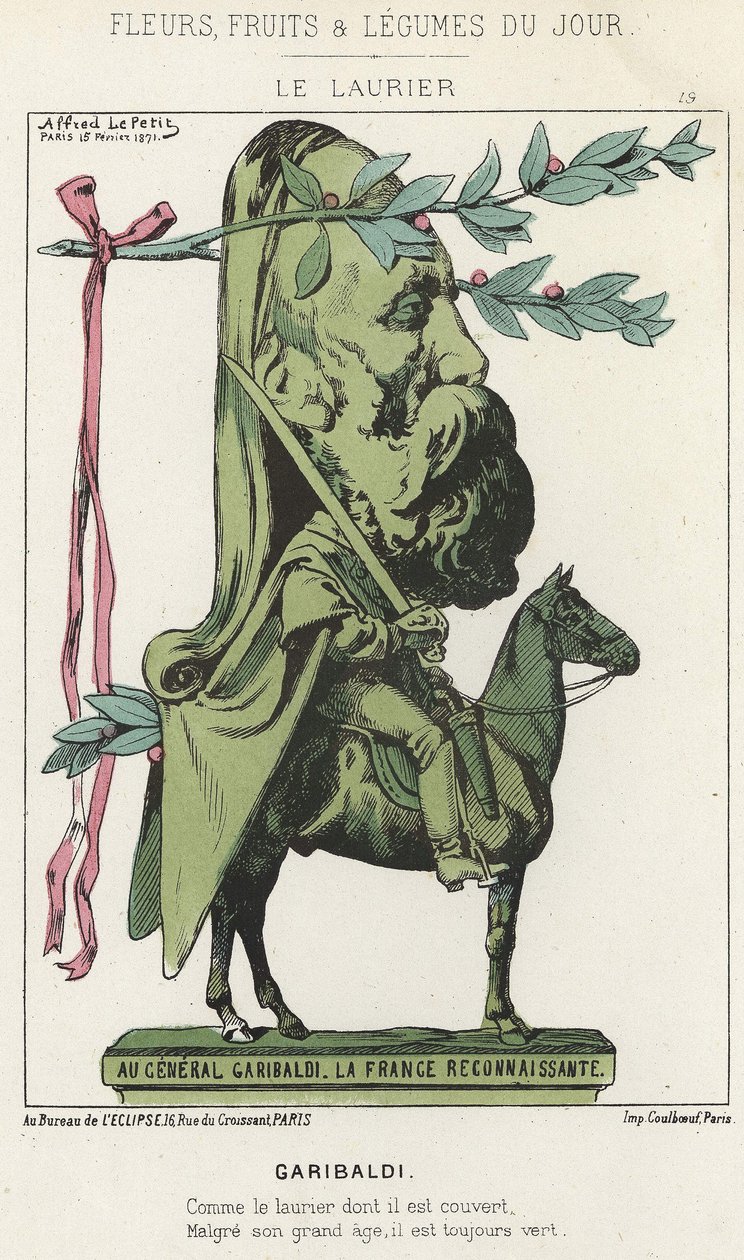 Le Laurier: Cartoon on Garibaldi - nemocný. od 15.2.1871 v „Květiny, ovoce a zelenina dne“ od Alfred Le Petit