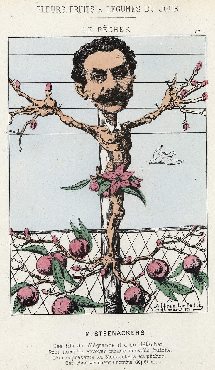 Le Pêcher: Cartoon on Steenackers - nemocný. od 30. 1. 1871 v „Květiny, ovoce a zelenina dne“ od Alfred Le Petit